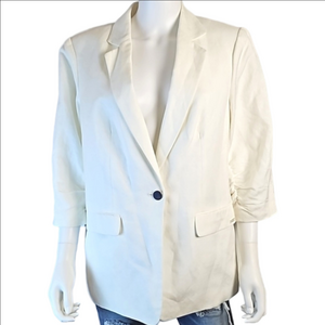 NEW Calvin Klein White Linen Blend Ruched 3/4 Sleeve Jacket Blazer Size …